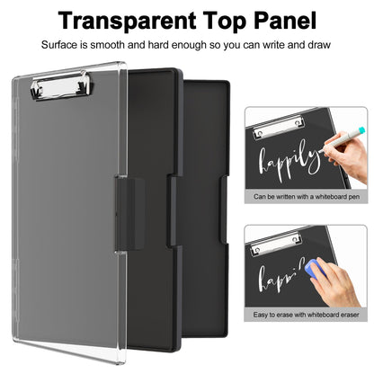 Piasoenc Clipboard with Storage, 8.5 x 11 Clip Boards with 2 Storage Case and A4 Paper Folder, Clear Dry Erase Top Panel, Heavy Duty Plastic, Folio & Side Opening, for Nurses, Teachers, Lawers,Black