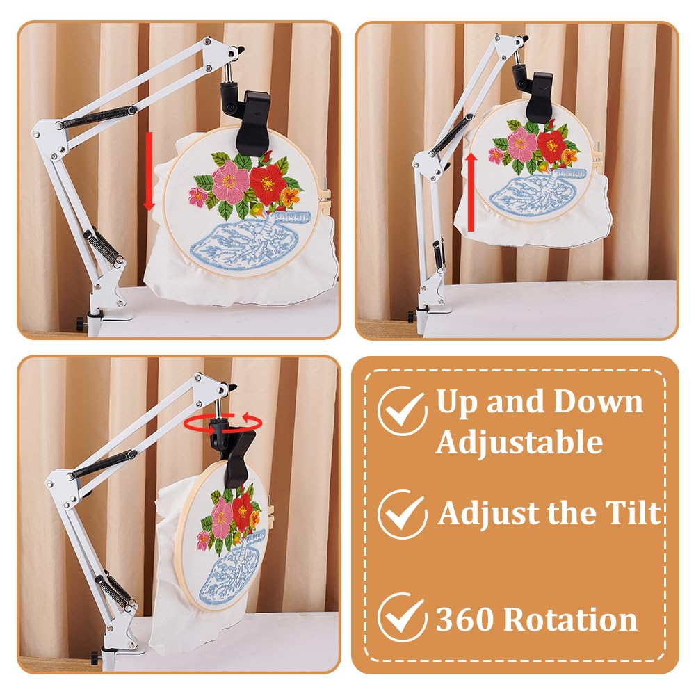 OLYCRAFT White Embroidery Table Stand Kit 8mm Hole Hand Embroidery Stand Lap Folding Cross Stitch Stand Clamp Hand Embroidery Hoop Holder 360 Rotated Embroidery Holder Stand for Embroidery Hoops