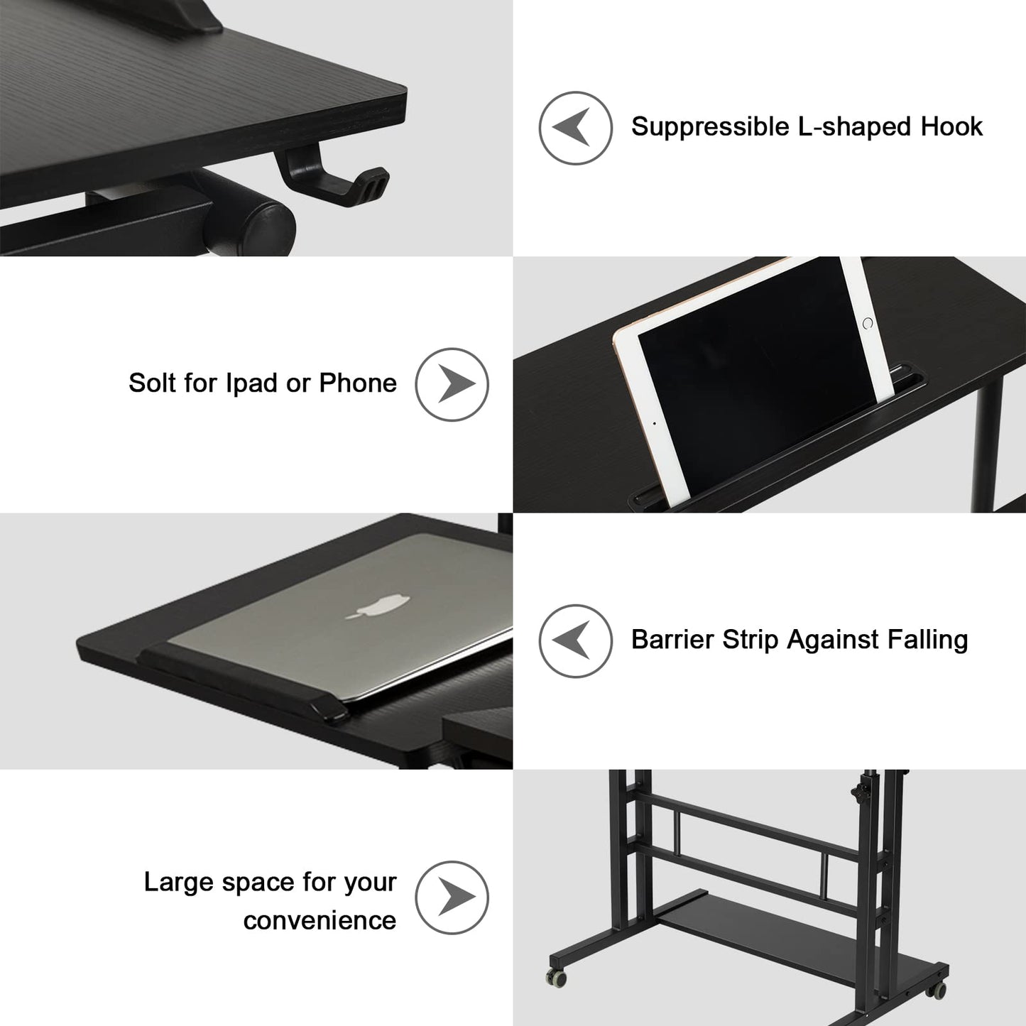 Hadulcet Stand Up Desk, Rolling Desk Adjustable Height, Mobile Standing Desk with Wheels & Charging Station, Portable Stand for Laptop, Rolling Computer Cart TV Tray, Small Standing Desk Drawing Table