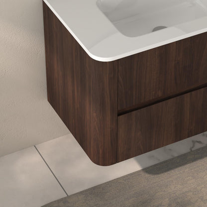 GDFStudio 30" Wall Mounted Bathroom Vanity with Sink,Floating MDF Cabinet with Soft-Close Double Drawers,Vanity with White Ceramic Integrated Basin, Modern Space-Saving Bathroom Storage,Dark Walnut