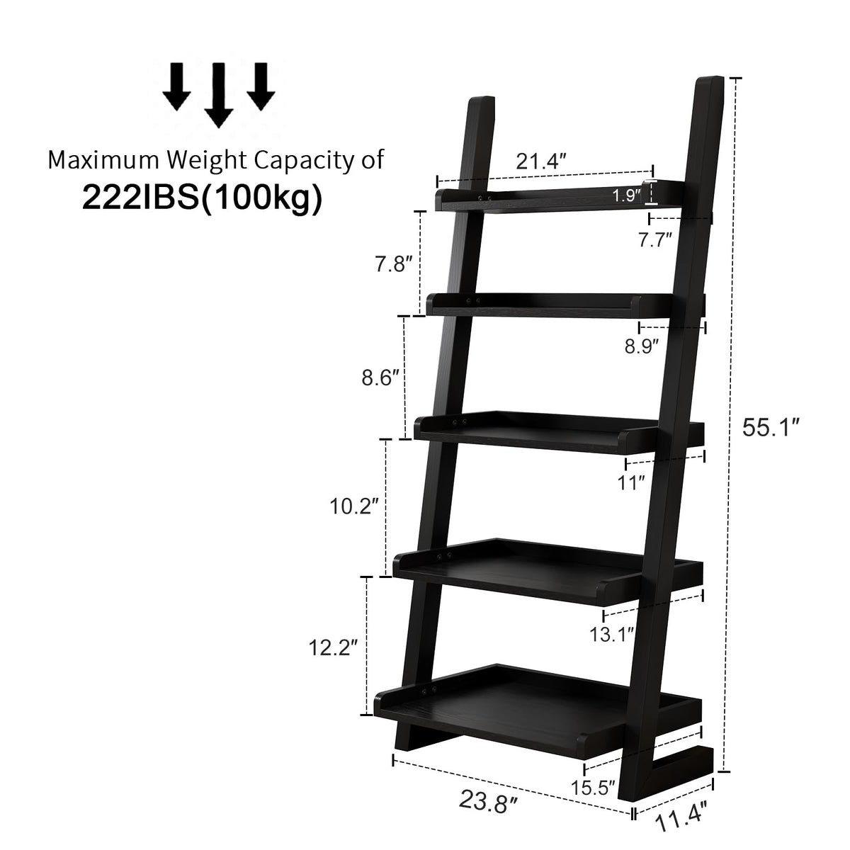 AQIMUELE Black Wooden Ladder Shelf with Edges, 5-Tier Modern Leaning Bookshelf Ladder – Stylish Space-Saving Bookcase for Living Room, Bedroom & Home Office
