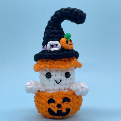 Halloween Pumpkin Ghost Crochet Kit for Beginners, Learn to Crochet Starter Set with Video Tutorial & Crocheting Manual, Easy Yarn Knitting Project for Adult & Kid 12+, DIY Stuffed Doll Gift Idea