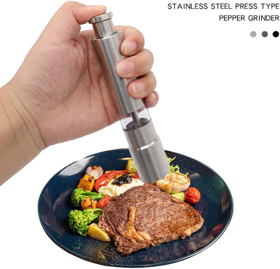 Premium Stainless Steel Salt Grinder, Pepper Mill for Peppercorns, Sea Salt, Thumb Push Button for 1 Hand Operation