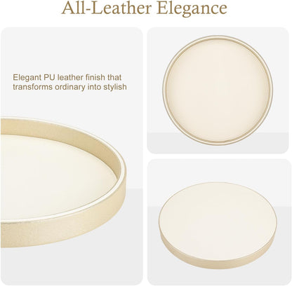 12" GORESE Gold Decorative Coffee Table Tray, PU Leather Round Trays for Home Decor, Table Centerpiece for Living Room