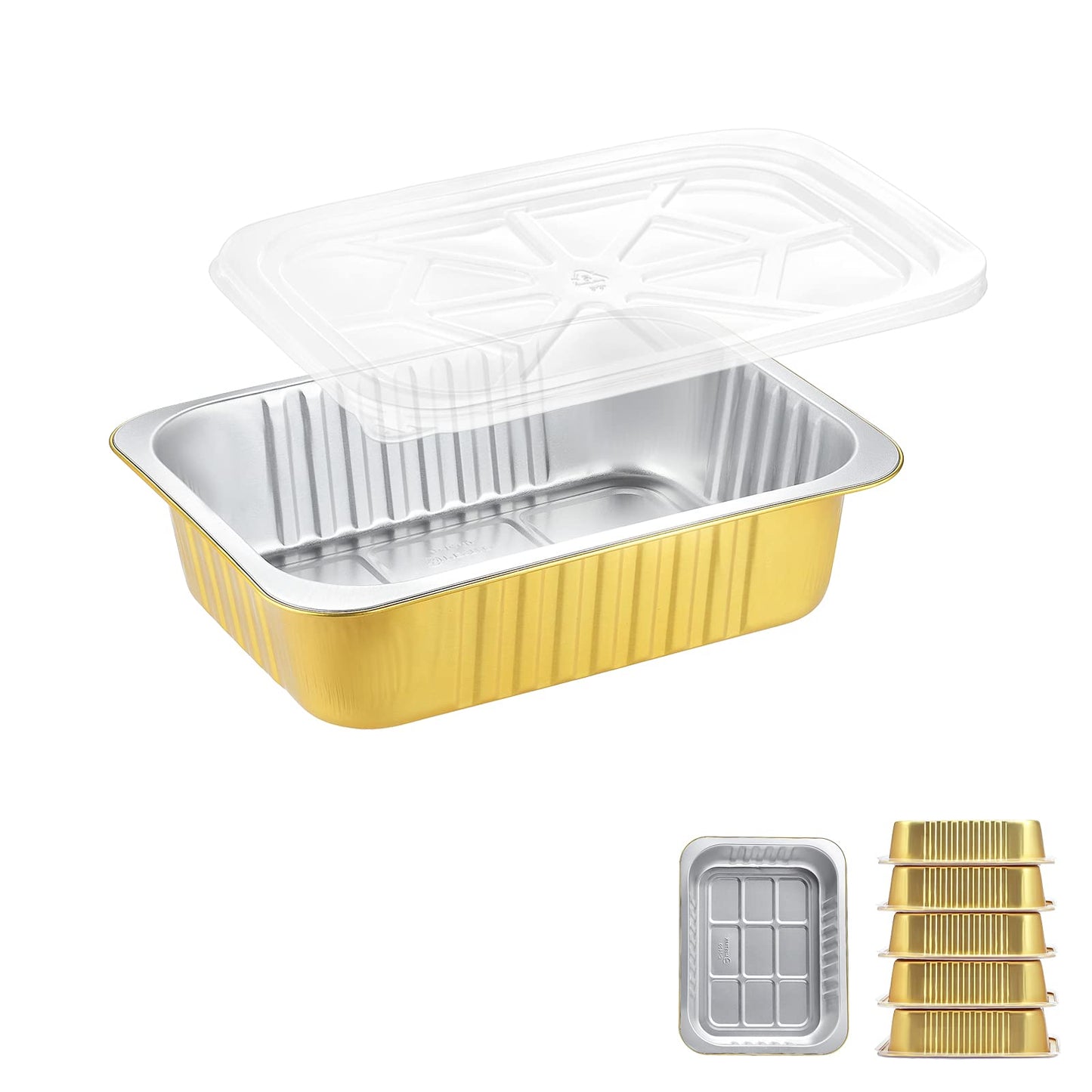 MESTAEK 8.5" x 6.5" Heavy-Duty Aluminum Foil Pans with Lids, 47oz, 5 Pack – Extra-Thick Disposable Foil Containers for Oven, Baking, Freezer & Food Storage