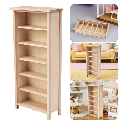 Angoily Mini Bookshelf, Dollhouse Bookcase, 1:12 Scale Doll House Furniture, Miniature Wooden Storage Cabinet Model, Unfinished Wood Library Shelving Scene, DIY Accessories for Room Display Collection