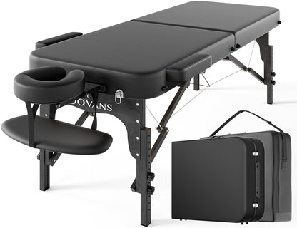 DOVANS Professional Massage Table Portable 2 Fold Premium Elastic Foam Wooden Leg Hold Up to 1100LBS 10 Heights Adjustable with Carrying Bag All Black