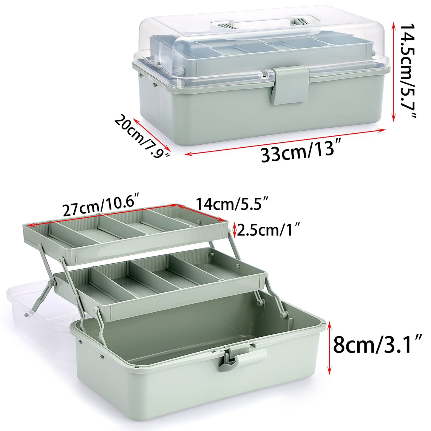 BTSKY 3-Layer Plastic Dividing Storage Box Craft Organizer and Storage with Adjustable Spacers Portable Handled Art Supply Organizer Multipurpose Home Utility Box for Medicine Sewing(Haze Green)
