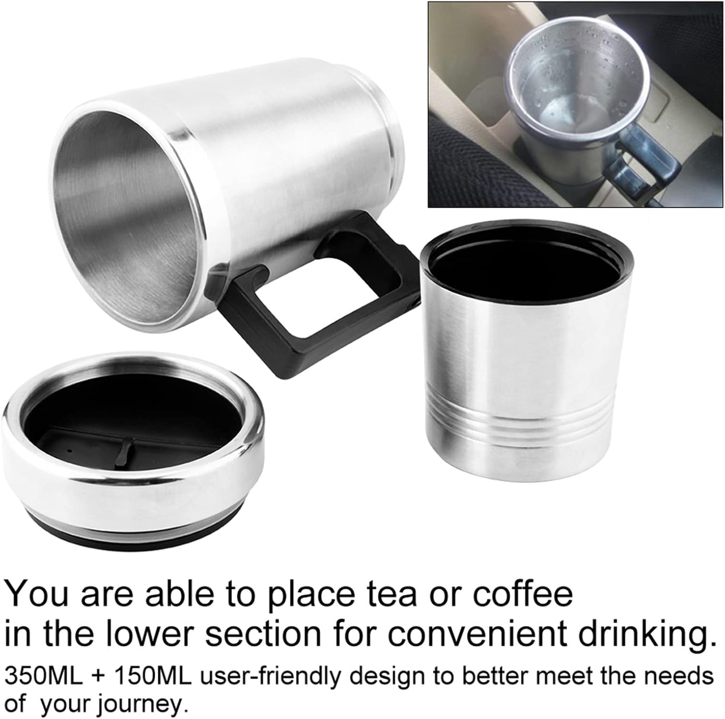 Travel Kettle, 350ml 150ml 12V Portable Electric Car Kettle, Stainless Steel Car Coffee Mug Kettle for Heated Water Cup