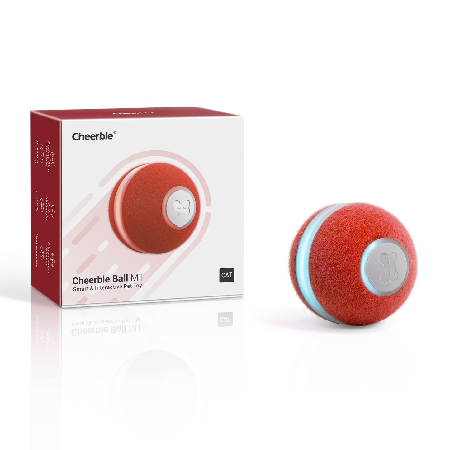 Cheerble Interactive Cat Ball Toy, Automatic Moving Ball Puzzle Toy for Indoor Cat Kitten, Smart Anti-Depression Pet Toy Fun Gift with Light, Red