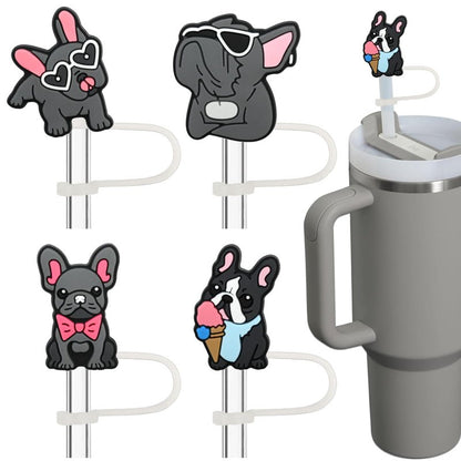 Amreich French Bulldog Straw Toppers - 4 Pack Silicone Straw Covers for 10mm/0.4inch Straws, Dog Lovers Birthday Christmas Holiday Gifts, Cute Stanley Tumbler Accessories