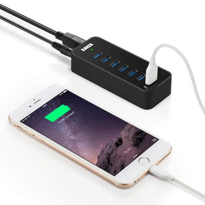 Anker USB Hub, USB 3.0 Hub, 10 Port 60W Data Hub, with 7 USB-3.0 Ports, 3 PowerIQ Charging Ports, Compatible with MacBook, iMac, Dell XPS, Surface Pro, iPhone, iPad Air, Galaxy Series, Mobile HDD