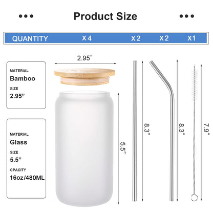 JMScape Sublimation Glass Blanks with Bamboo Lid 4pc Set, 16oz Frosted Glass Cups with Lids and Straws, Beer Can Glass Tumblers, Iced Coffee Soda Drinks Beer Cups
