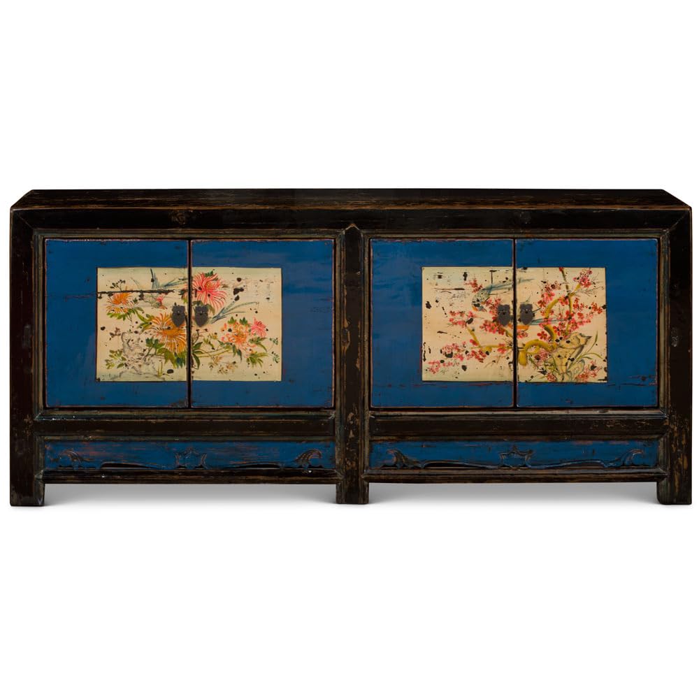 ChinaFurnitureOnline Hand Painted Flower Motif Distressed Mongolian Elmwood Cabinet