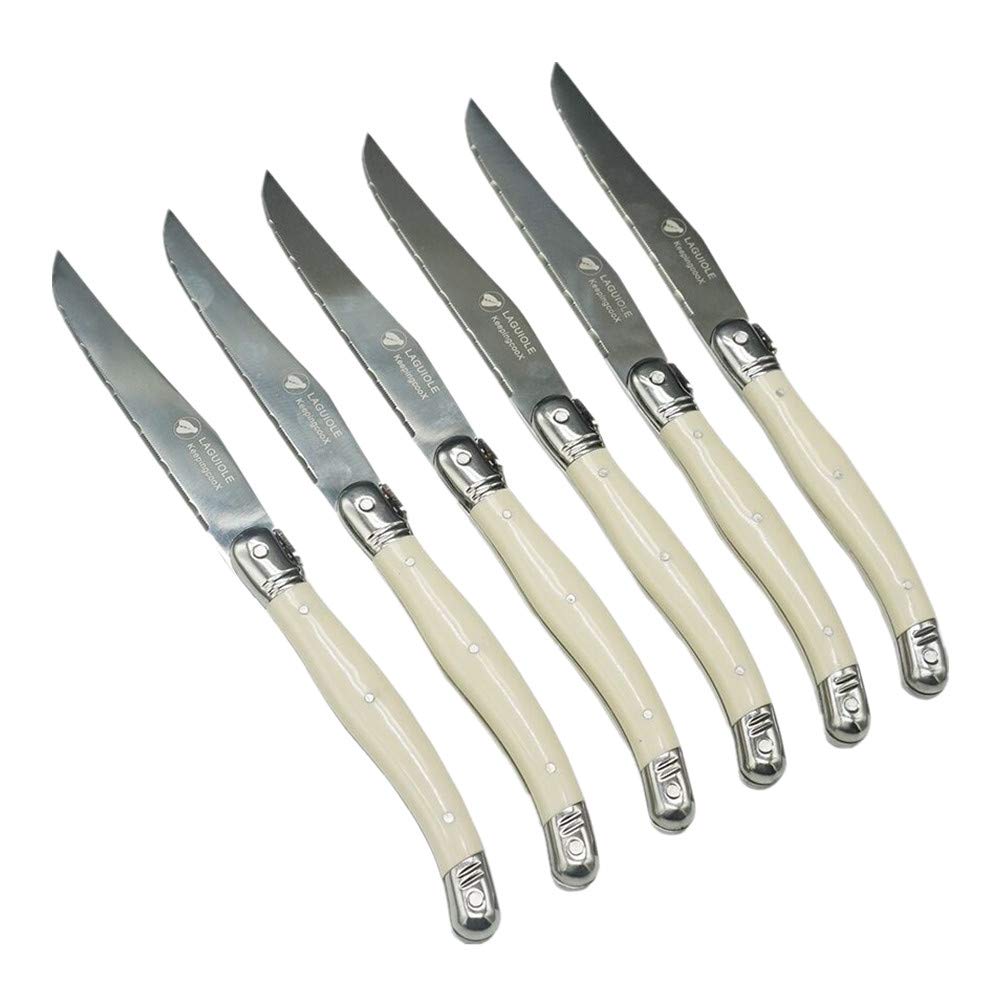 KeepingcooX® Laguiol-style Steak Knife, Ivory Handle, Serrated Blade, Stainless Steel Dinnerware/Tableware/Flatware/Cutlery Set of 6, Gift Box, Reputable Global Manufacturer with Certificate