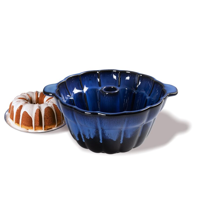 Emeril Lagasse Fluted Cake Pan Stoneware 9.5 in – Pound Cake Baking Pan, Perfect for Baking Delicious Cakes! (Dark Blue)