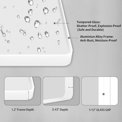 LOAAO Bathroom Mirror - 48x32 Inch White Metal Framed Vanity Mirror | Large Rounded Rectangle, Anti-Rust Tempered Glass, Versatile Hanging Options