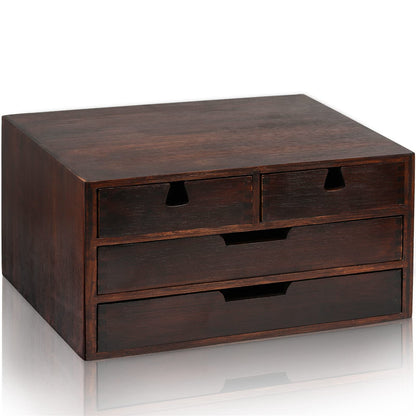 DEAYOU Bamboo Desk Organizer, 100% Natural Bamboo Desktop Drawer Organizer, Dark Brown Tabletop Storage Cabinet Organization Box with 4 Drawer for Makeup, Letter, Home, 3 Layer, Fully Assemble