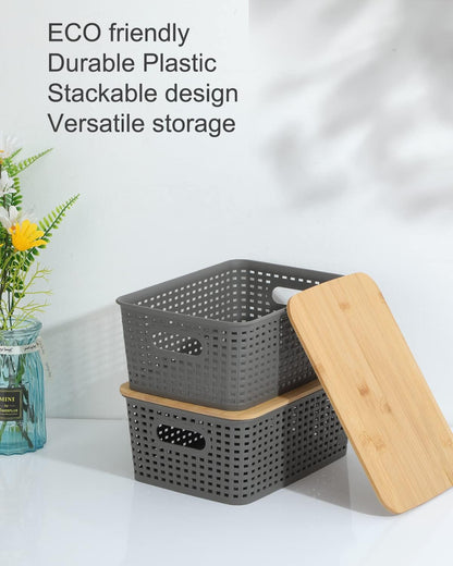 Storage Bins with Bamboo Lids - Set of 6 Lidded Plastic Baskets for Organizing Kitchen, Bedroom, Office, Closet