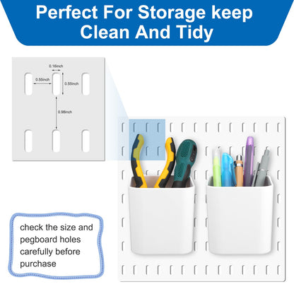xozeooeu 5 Pcs Pegboard Cups with Hooks, White Peg Board Organizer Bins, 3.35x2.76x3.1 Inch Storage Containers for Garage Workshop Office