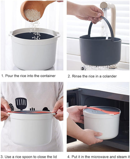 Microwave Rice Cooker Set, 2L Food Grade PP Material, Rice Spoon, Lid, Strainer, Steaming Pot for Home Meal Prep