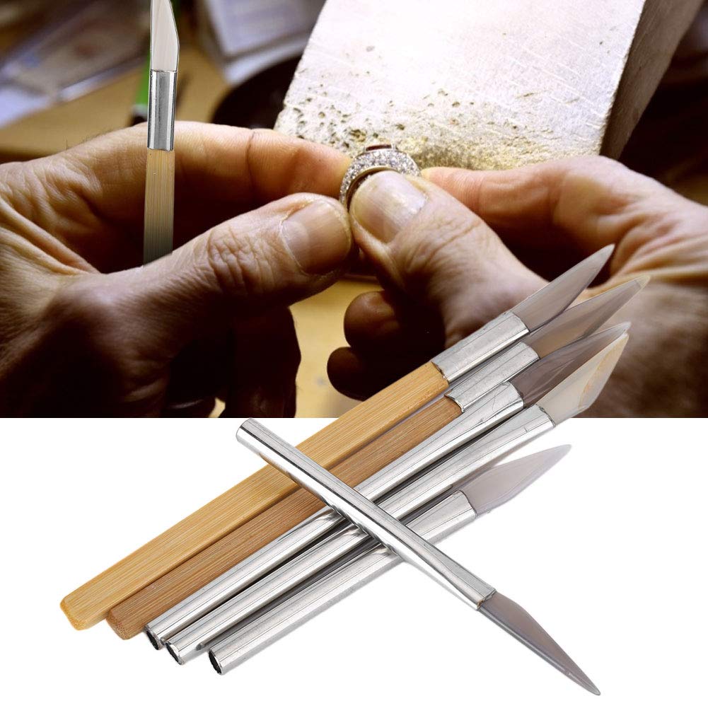 6pcs Agate Burnisher Knife Edged Agate Burnishing Tool Set Craft Polishing Tools Carving Precious Metal with Bamboo Iron Handle for Gold Platinum Jewelry Sterling Silver