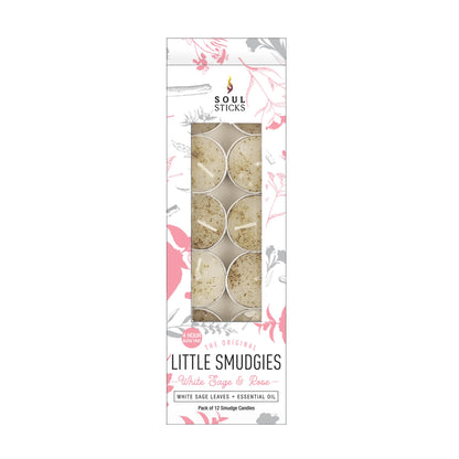 SOUL STICKS 12 Pack Little Smudgies Tealight Candles Smudge Candle for Cleansing House, Meditation, Chakra Healing | Made with Crystals and Herbs (White Sage & Rose)