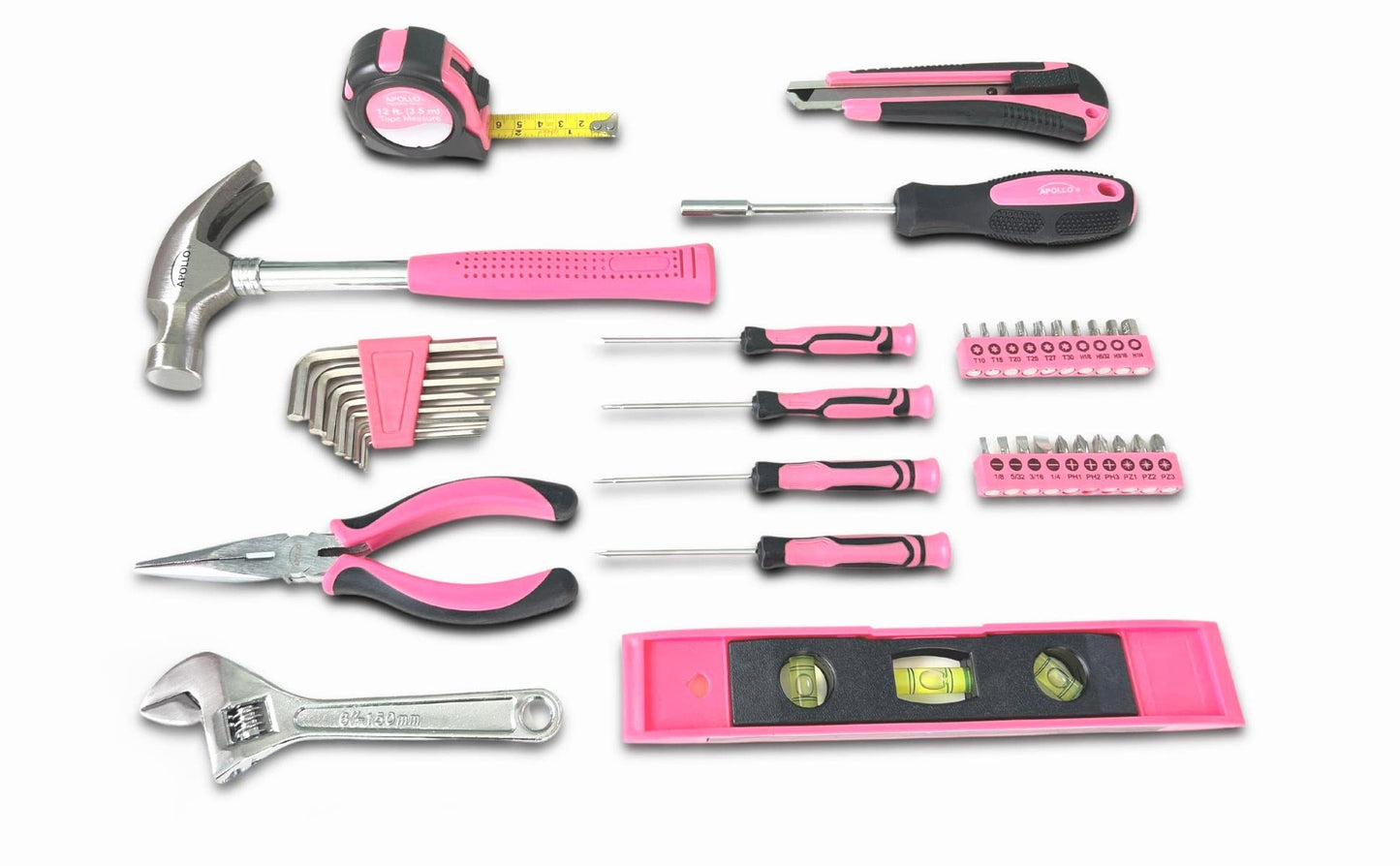Apollo Tools 39 Piece General Household Tool Set in Toolbox Storage Case with Essential Hand Tools for Everyday Home Repairs, DIY and Crafts - Pink Ribbon - Pink - DT9711P