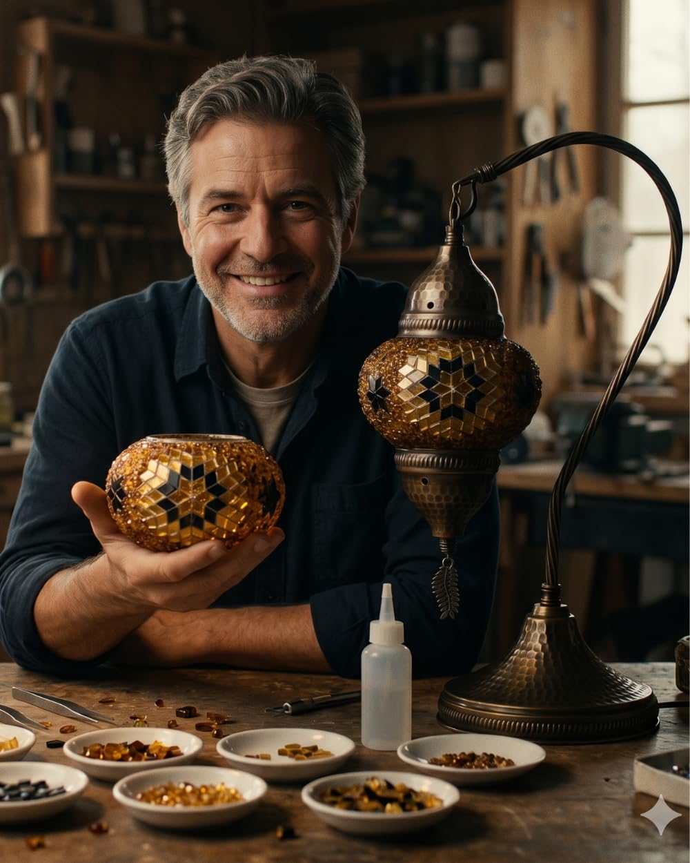 DEMMEX DIY Turkish Moroccan Mosaic Lamp Making Kit – Beginner Friendly Mosaic Art & Craft Project Kit for Adults & Teens – No Grout/Plaster Needed – Fun, Easy, No Experience Required (Brown&Amber)