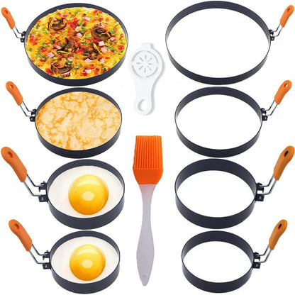 WOWITIS 8 Pack, 8" 6" 4" 3.5" Stainless Steel Egg Rings - Omelet, Pancake, & Egg Muffin Rings with Oil Brush