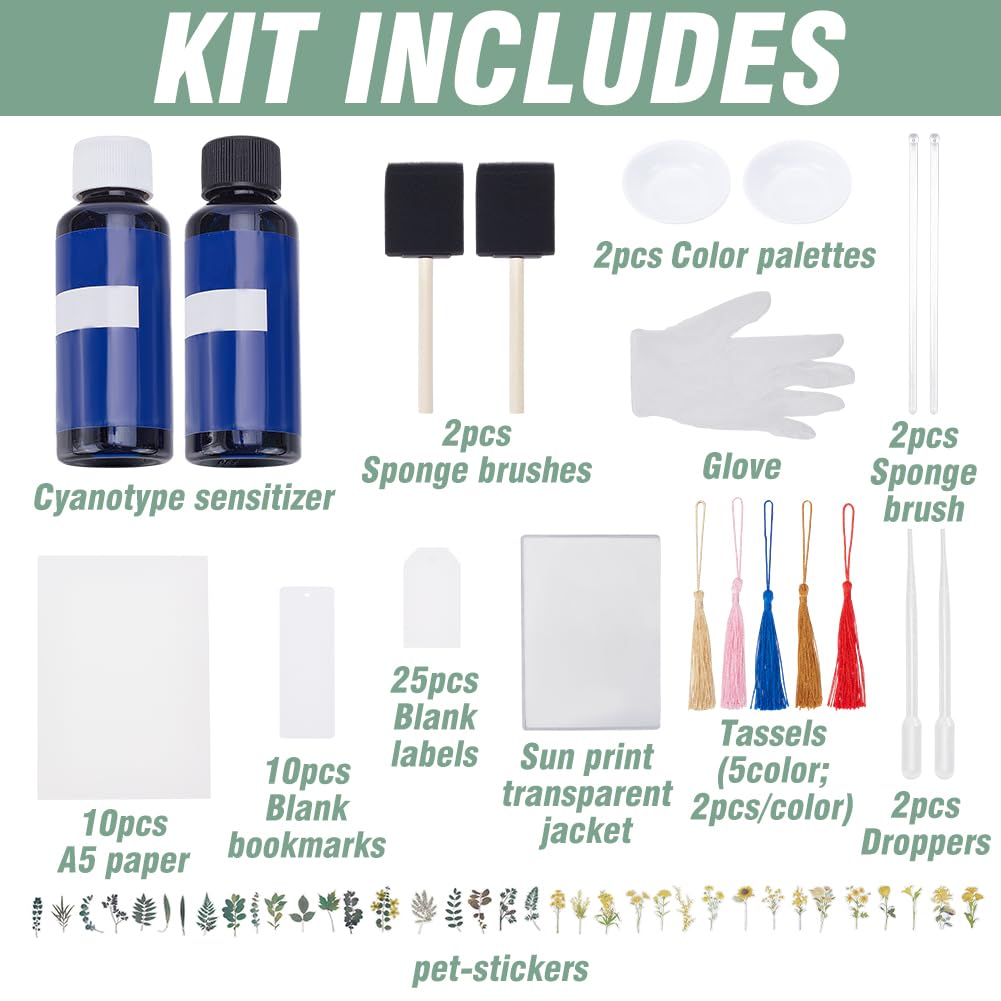 WEBEEDY 45 Pcs Cyanotype Kit Include 10 Sheets A5 Cyanotype Paper,10 Pcs Bookmark,25 Pcs Blank Labels for Adults Beginners,Sun Print Paper Kit Nature Drawing Printing for Leaves and Flower Press