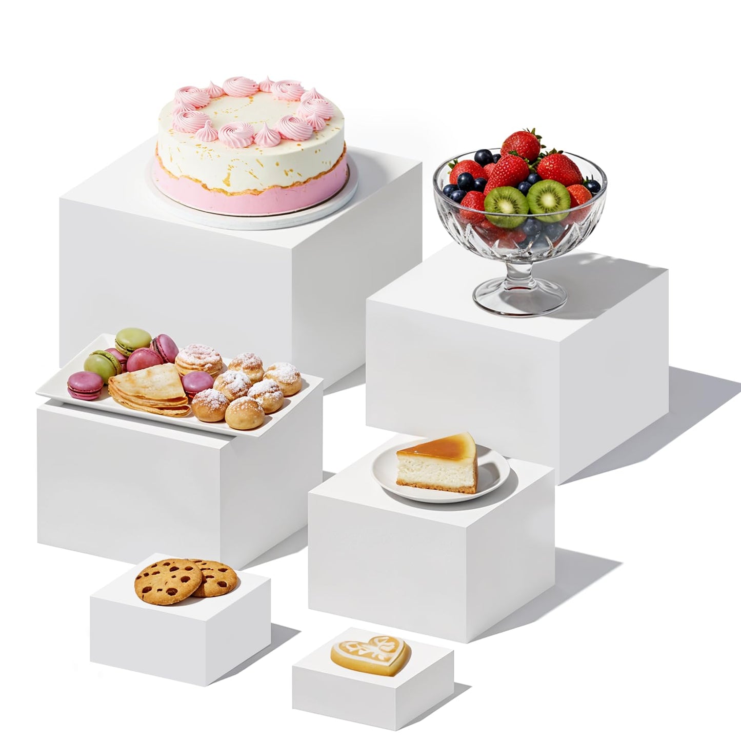 IANFAN 6 Pcs Buffet Risers, Food Risers for Buffet Table, White Acrylic Cube Boxes Display with Hollow Bottoms Display Stand Shelf for Party Cake Dessert Catering Jewelry Collectibles (3"4"5"6"7"8'')