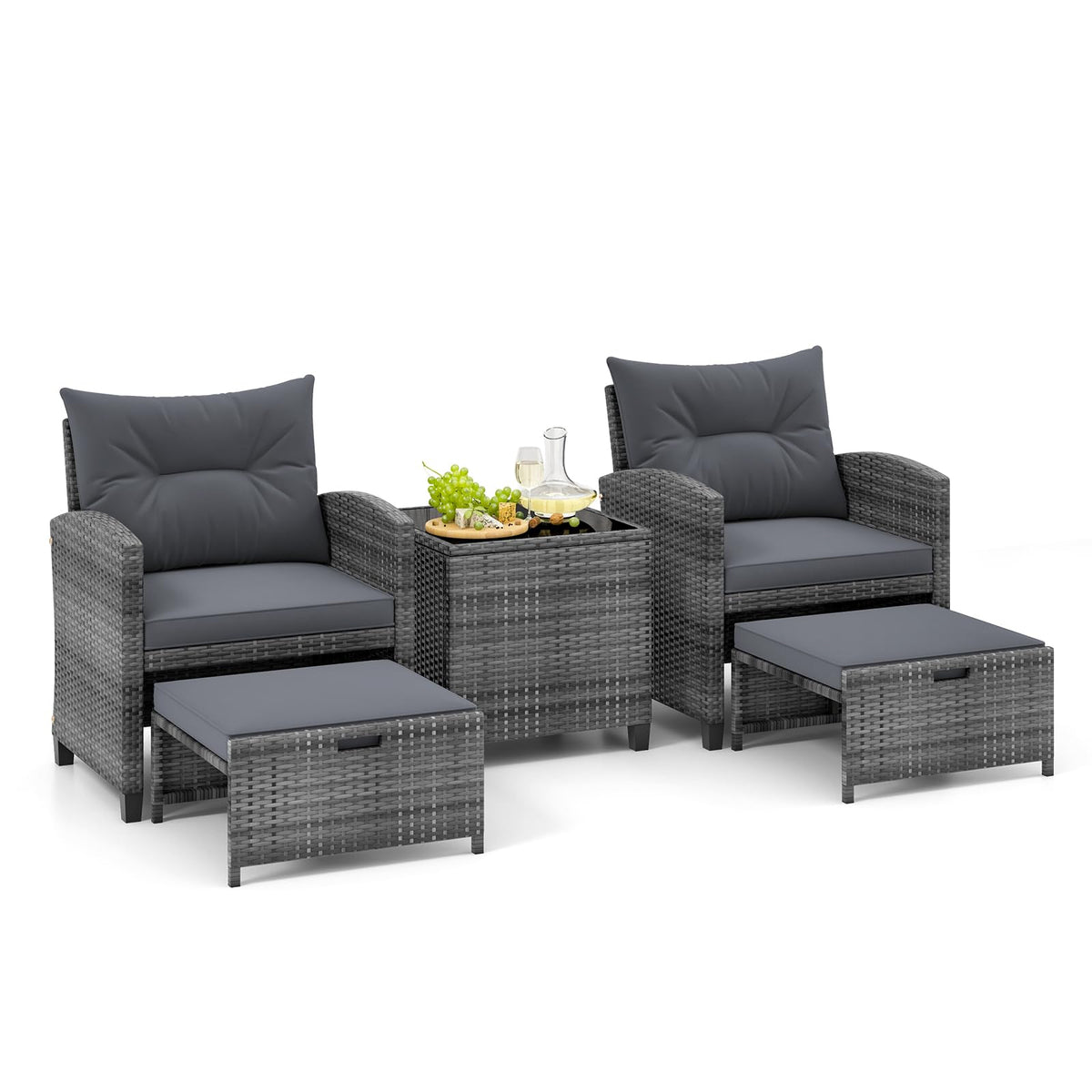 Tangkula 5 Pieces Patio Conversation Set, PE Wicker Rattan Outdoor Furniture Set with 2 Chairs, 2 Ottomans & Tempered Glass Coffee Table, Ideal for Poolside, Backyard, Lawn, Deck, Grey