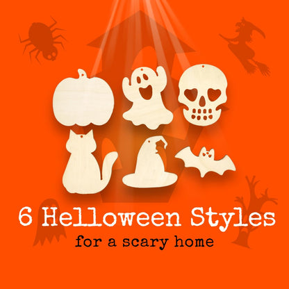 CANDEOLA 60-Pcs 4" Unfinished Halloween Wooden Cutouts Ornaments for Halloween Party Haunted House DIY Hanging Crafts Decorations (10cm, 6 Shapes, 10 Pcs/Shape)