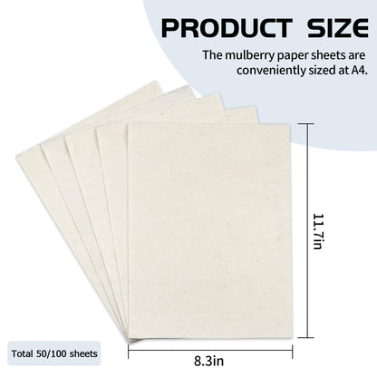 100 Sheets FIVEIZERO A4 Mulberry Paper Sheets Natural Fiber Rice Paper,8.3 x 11.7in Natural Decoupage Tissue Papers for Writing Painting, Decorative Papers, Card MakingPapers DIY Craft