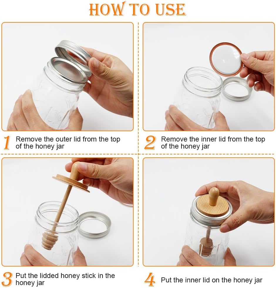 Sun3drucker Set 16 oz Wooden Mason Jar Honey Dipper with Lids - Honey Dipper Wooden Stick for Regular Mouth Mason Jars
