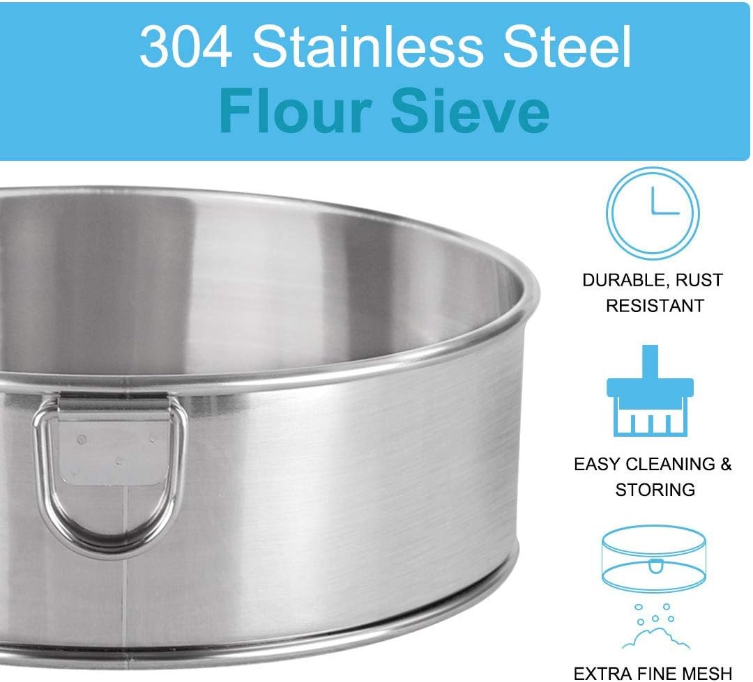 Fine Mesh Flour Sieve, 10" Stainless Steel 60 Mesh Round Sifter for Baking Cake and Bread