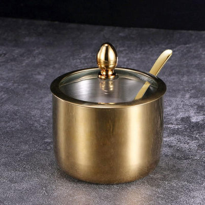 Gold Stainless Steel Sugar Bowl, Spice Jar Seasoning Pot with Lid and Spoon