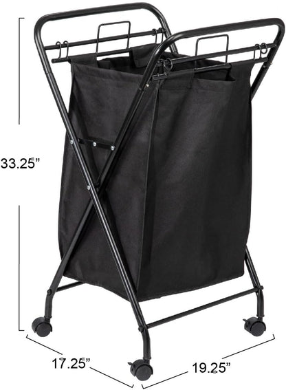 2 Household Essentials Rolling Laundry Hamper, Heavy Duty Canvas Bag, Load Capacity, Foldable Frame, Black Bag