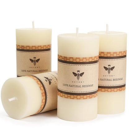 DEYBBY 2x4 inch Natural White Beeswax Pillar Candle Set of 4, Smokeless Dripless Pure Organic Beeswax Candles with Natural Scent for Wedding Home Decor Blackout Housewarming Event Gift (Cream