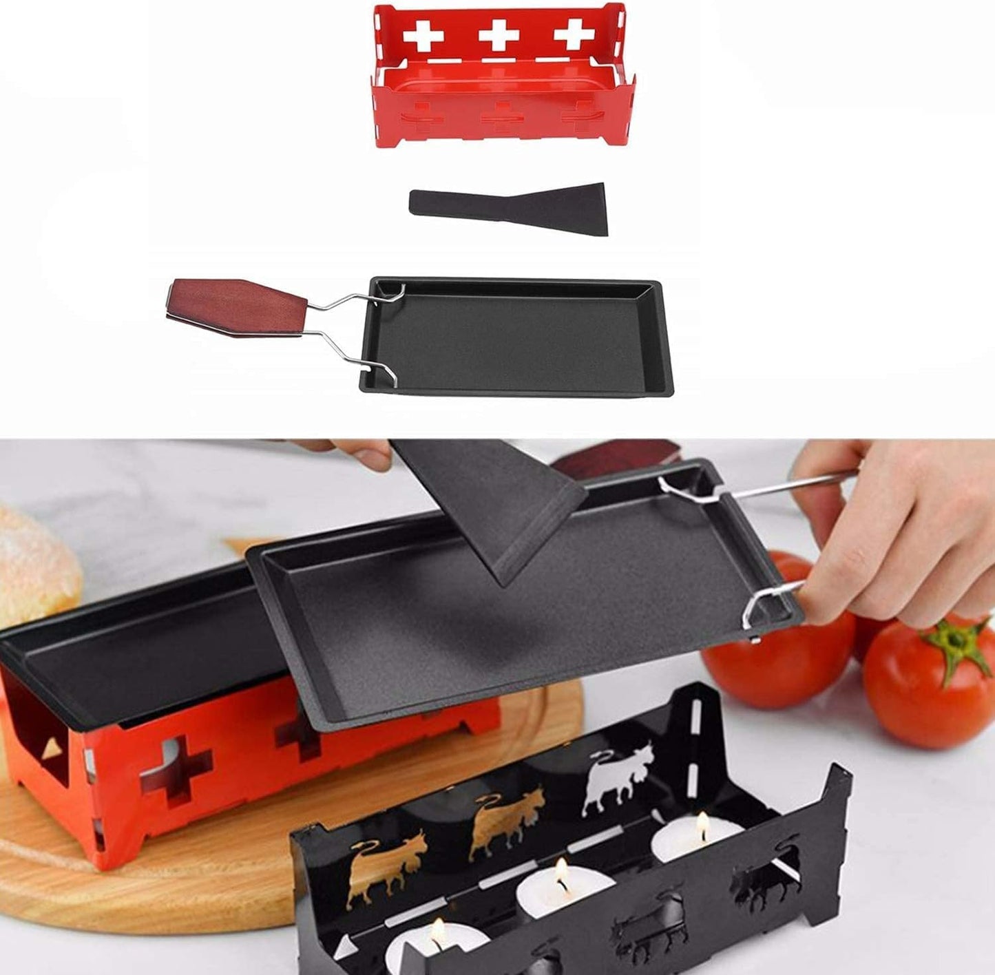 Cheese Raclette Non Stick Stretchable Baking Tray, Iron Metal Grill Plate Accessories for Cheese Melting, Red Hob