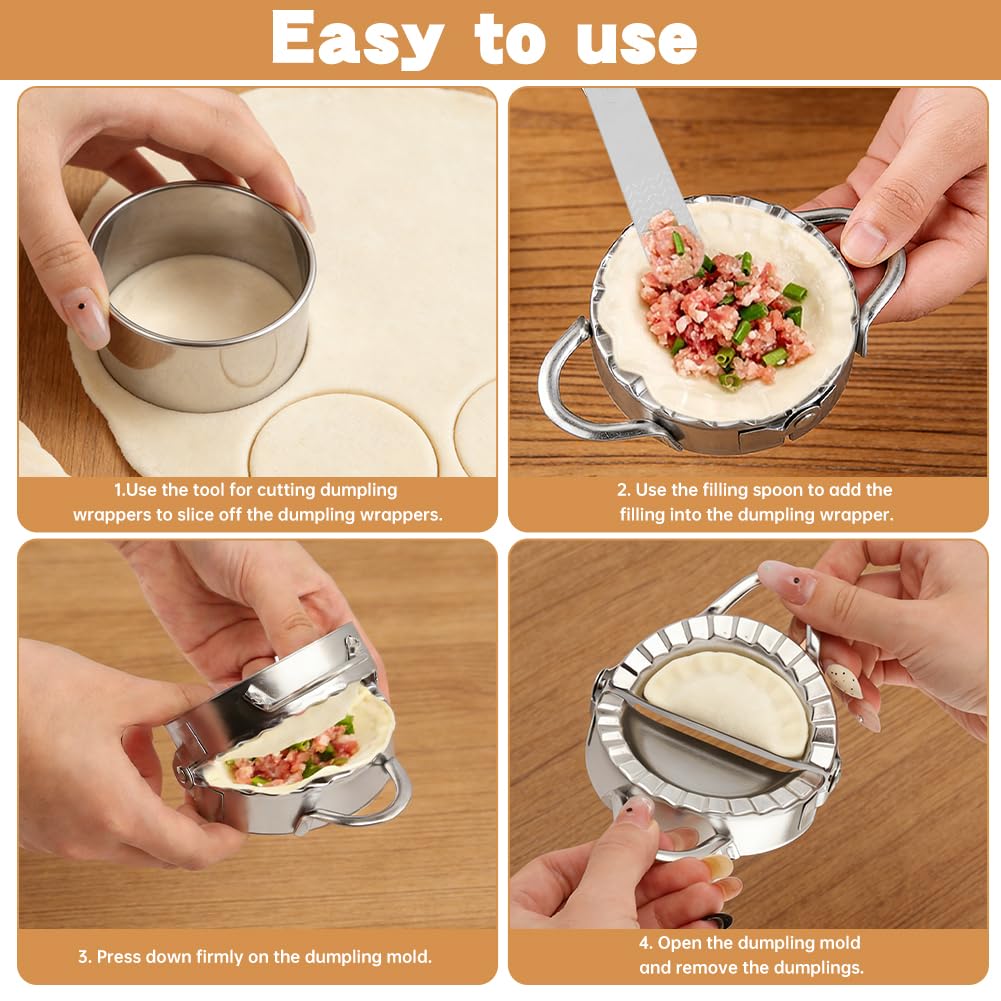 Zorivane 8Pcs Dumpling Maker Set, Stainless Steel Empanada Maker Press with Rolling Pin and Stuffing Scoop, Dough Cutter Dumpling Mold for Ravioli Pierogi Calzone, 3 Sizes