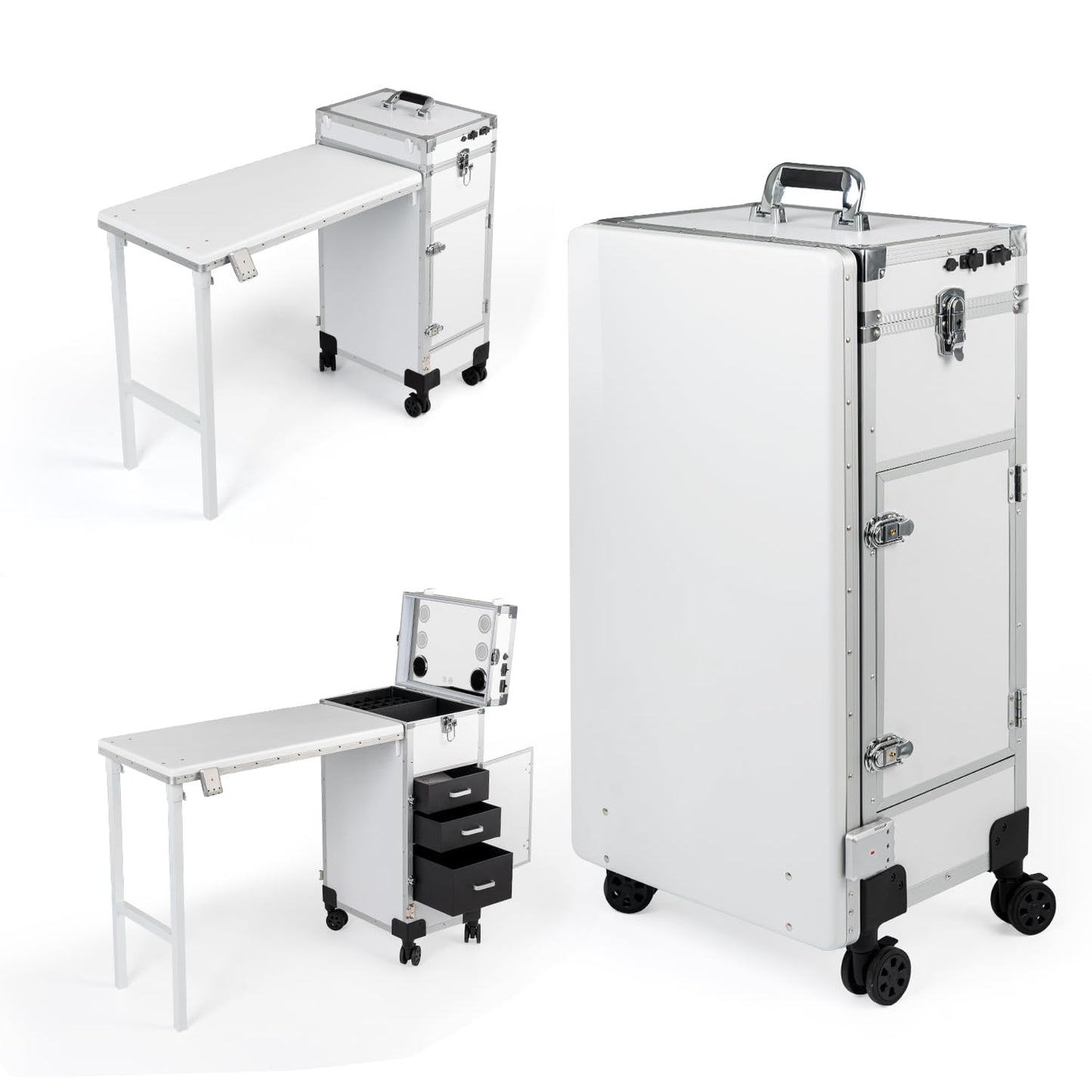 Gdsshuhung Portable Nail Desk with LED Mirror, Heavy Duty Foldable Manicure Table with 3 Drawers, Rolling Makeup Train Case Cosmetology Trolley on Wheels, Mobile Nail Tech Workstation (White)
