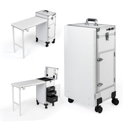 Gdsshuhung Portable Nail Desk with LED Mirror, Heavy Duty Foldable Manicure Table with 3 Drawers, Rolling Makeup Train Case Cosmetology Trolley on Wheels, Mobile Nail Tech Workstation (White)