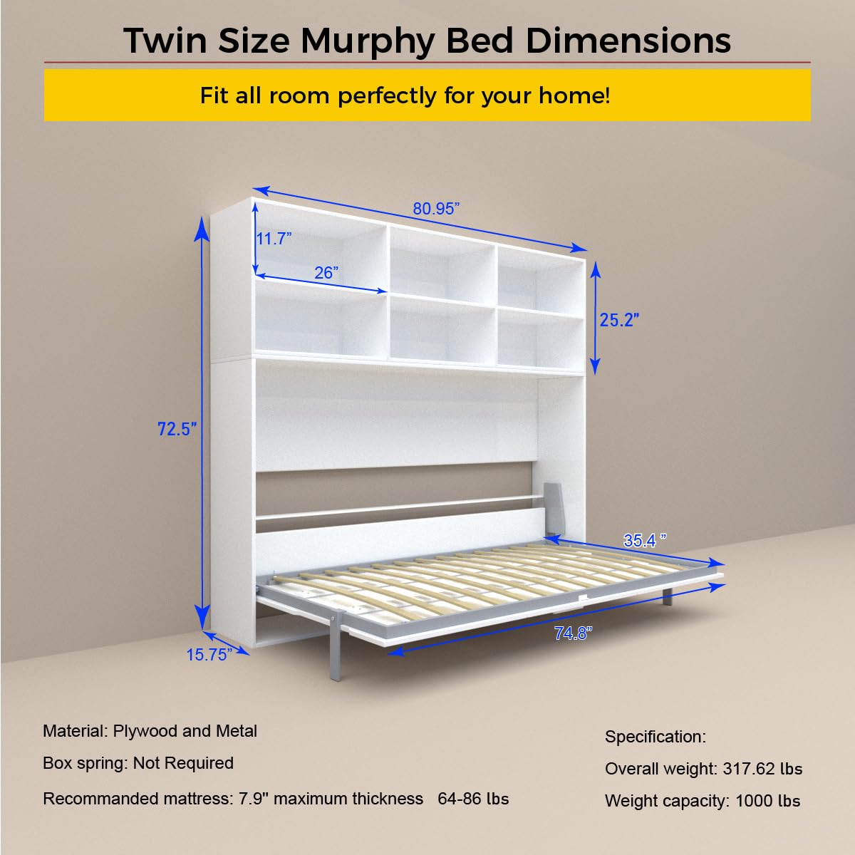 Jintop Twin Size Horizontal Murphy Bed with Double Layer Shelf Storage,Wood Wall Cabinet Hideaway Platform Bedframe W Gas Struts,for Bedroom or Guestroom,White