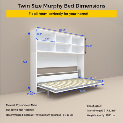 YOPTO Twin Size Horizontal Murphy Bed Chest with Double Layer Storage Shelf,Wood Hidden Cabinet Platform Bed W/Gas Struts,Space Saving,Wall Bed Frame for Bedroom,Guest Room,Apartment,White