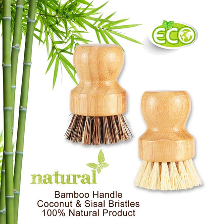 Bamboo Dish Brush with Ceramic Dish, Natural Bristle Palm Brush Pot Scrubber for Kitchen Sink, Cast Iron Pans - 2 Pack
