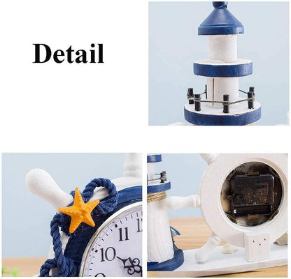RTGGSEL Mediterranean Nautical Silent Desk Clock, Lighthouse Helm Wooden Clocks, Beach Theme Clock Decor Ornament