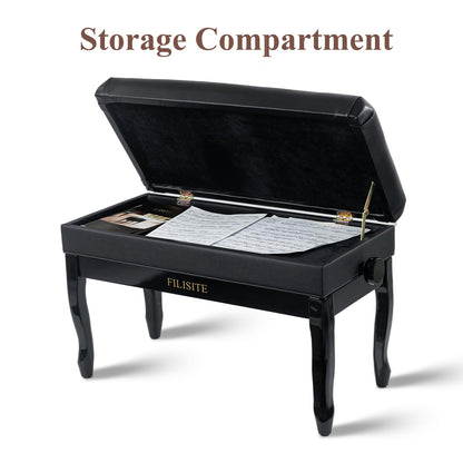 FILISITE Genuine Leather Piano Bench with Storage, Adjustable Height Keyboard Bench with High-Density Sponge Cushion,Curved Legs for Piano/Keyboard, Supports Duet Playing,Black