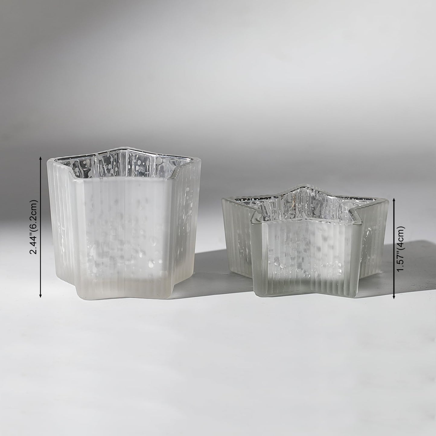 Letine 10pcs Frosted Silver Ribbed Star Candle Cups - Assorted Height Tea Light Candle Holders, Mercury Glass Votives for Wedding, Fall Table Centerpiece& Holiday Decorations (Tall 2.44", Short 1.57")